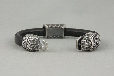 Black Leather Bracelet with Silvered Bronze Ouroboros - Norse Wolves