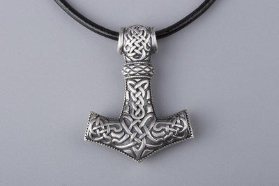 Thor’s Hammer with Geri and Freki Wolves Silver Pendant (Medium) - Norse Wolves