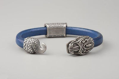 Blue Leather Bracelet with Silvered Bronze Ouroboros - Norse Wolves